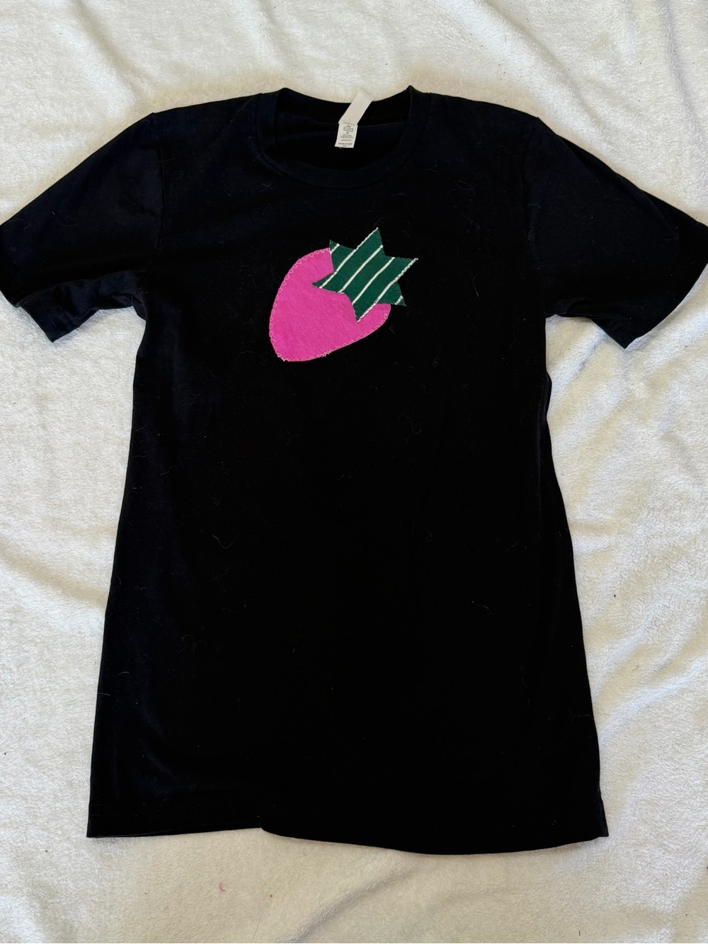 Pink strawberry patchwork fitted black tee
